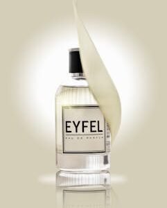 Stylish shot of EYFEL Eau de Parfum with decorative leaf wrap.